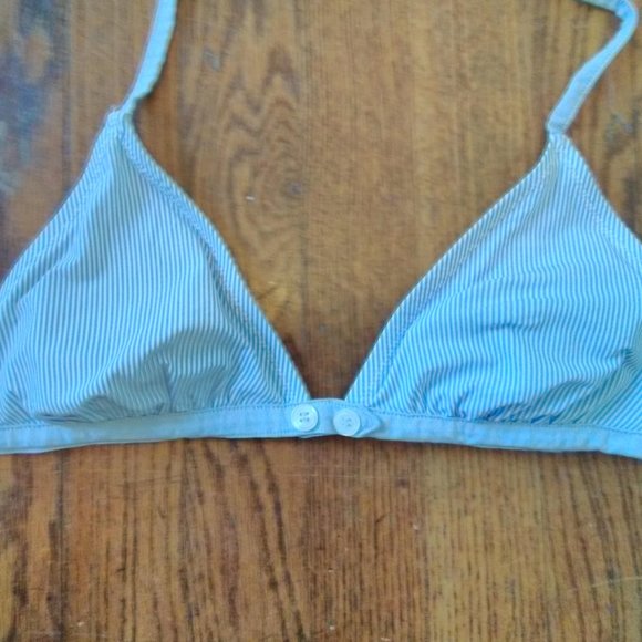 Bikini Swim Top Button Tie Blue White Stripe - Picture 2 of 5